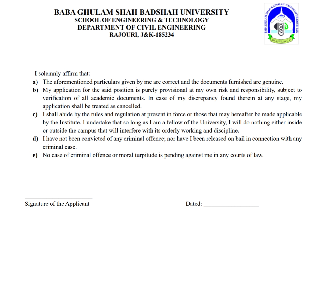 BGSBU RAJOURI DEPT OF CIVIL ENGINEERING JRA RE-ADVERTISEMENT NOTIFICATION BGSBU/SOET/CE/25/04