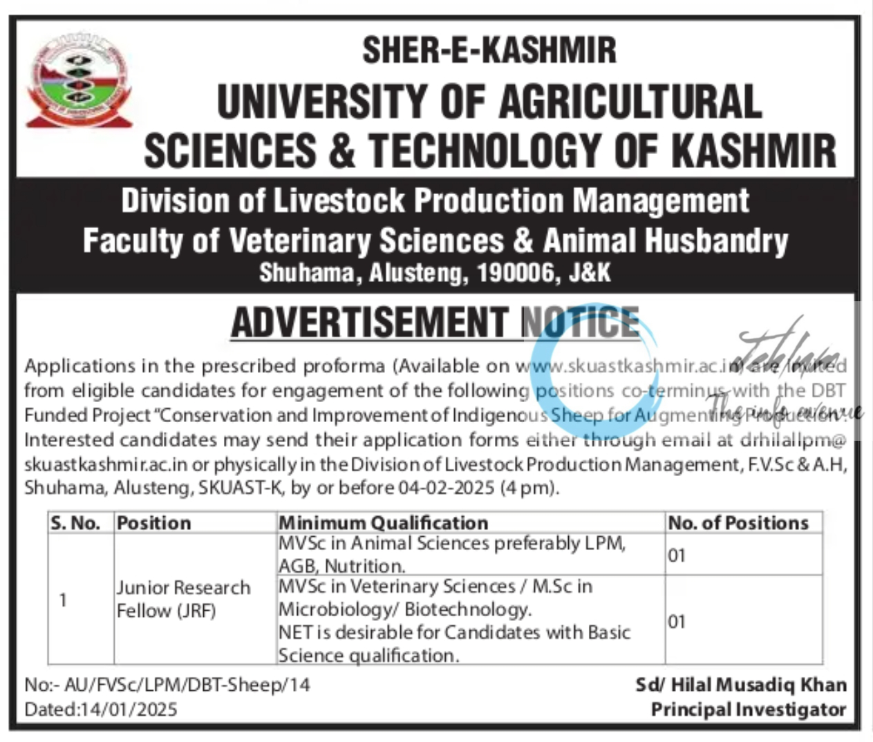 SKUAST Kashmir Division of Livestock Production Management JRF Advertisement Notice 2025