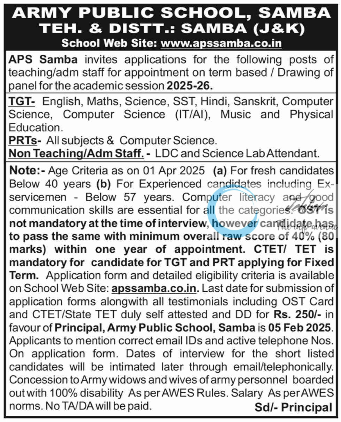 ARMY PUBLIC SCHOOL APS SAMBA JOBS ADVERTISEMENT NOTICE 2025