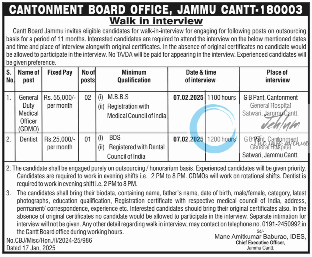 CANTONMENT BOARD OFFICE JAMMU GDMO/Dentist Walk-in-Interview Advertisement Notification No CBJ/Misc/Hon/II/2024-25/986