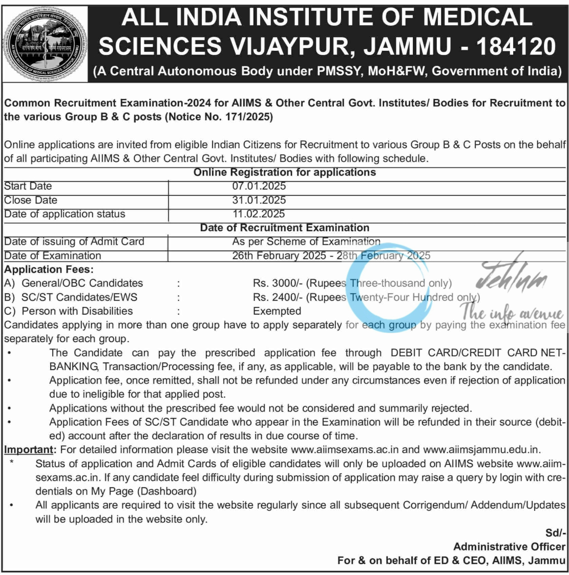 AIIMS JAMMU Group B/C Recruitment Advertisement Notice No 171/2025