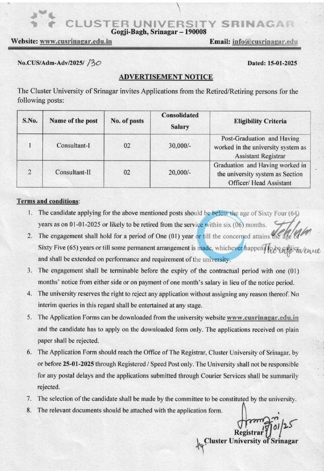 CLUSTER UNIVERSITY SRINAGAR CONSULTANT RECRUITMENT ADVERTISEMENT NOTICE NO CUS/Adm-Adv/2025/130