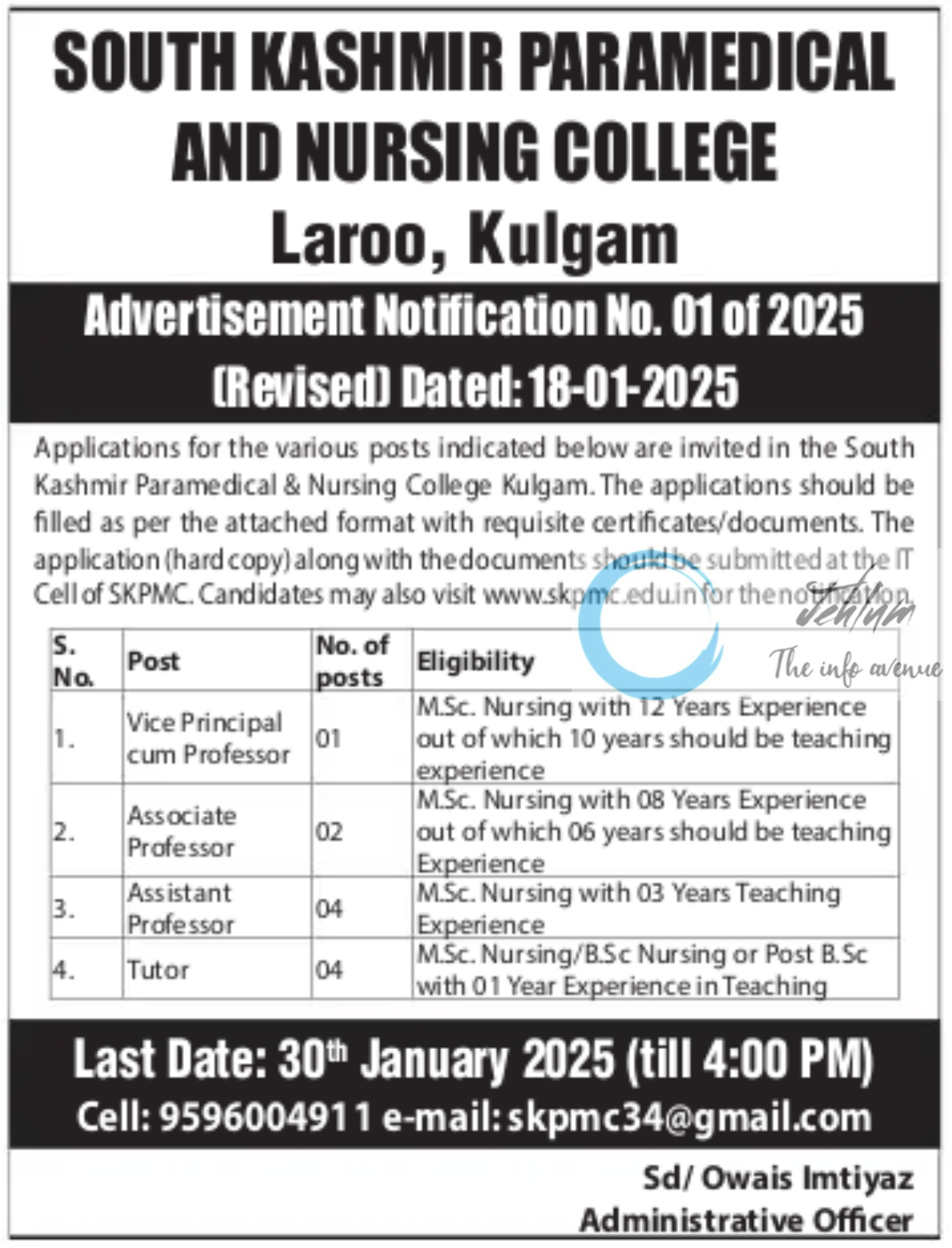 SOUTH KASHMIR PARAMEDICAL AND NURSING COLLEGE Kulgam Advertisement Notification No 01 of 2025