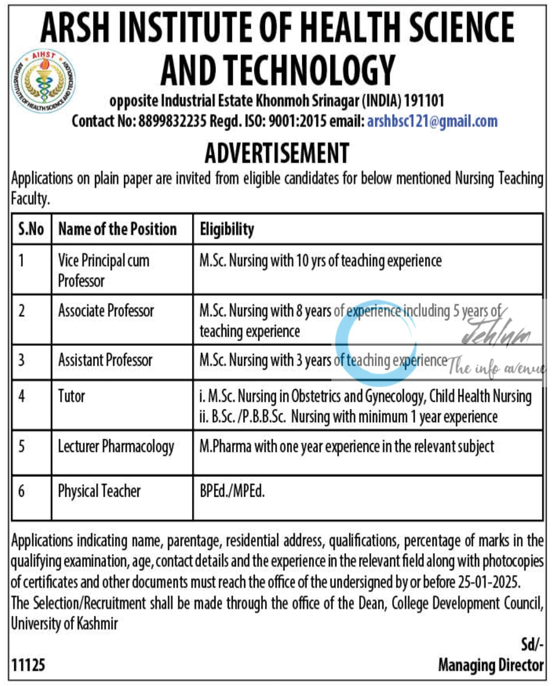 ARSH INSTITUTE OF HEALTH SCIENCE AND TECHNOLOGY SRINAGAR JOBS ADVERTISEMENT 2025