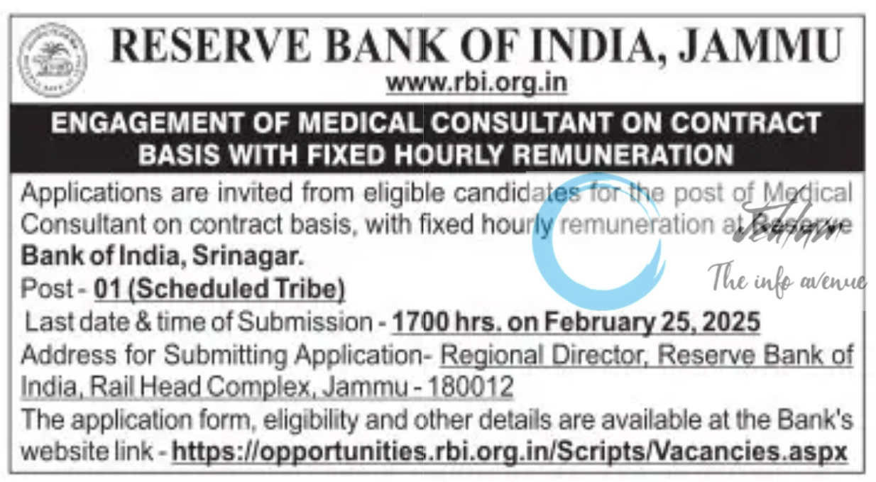 RBI JAMMU/SRINAGAR MEDICAL CONSULTANT RECRUITMENT ADVERTISEMENT NOTICE 2025