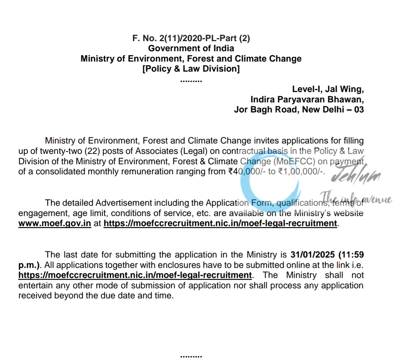 Ministry of Environment Forest and Climate Change Legal Associates Recruitment Advertisement Notice 2025