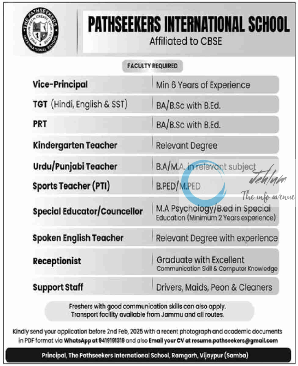 PATHSEEKERS INTERNATIONAL SCHOOL SAMBA JOBS OPENINGS 2025