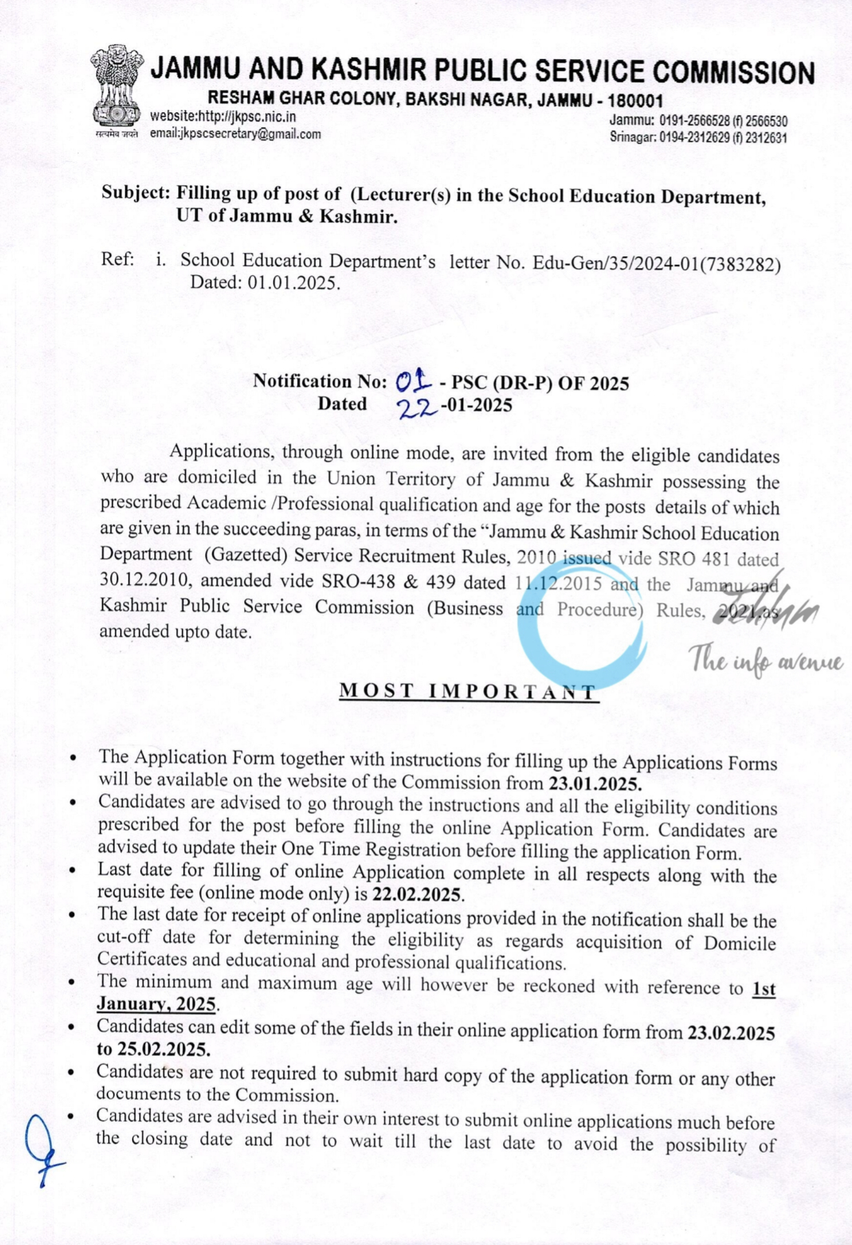 JKPSC Lecturer Recruitment Advertisement Notification No 1-PSC DR-P OF 2025