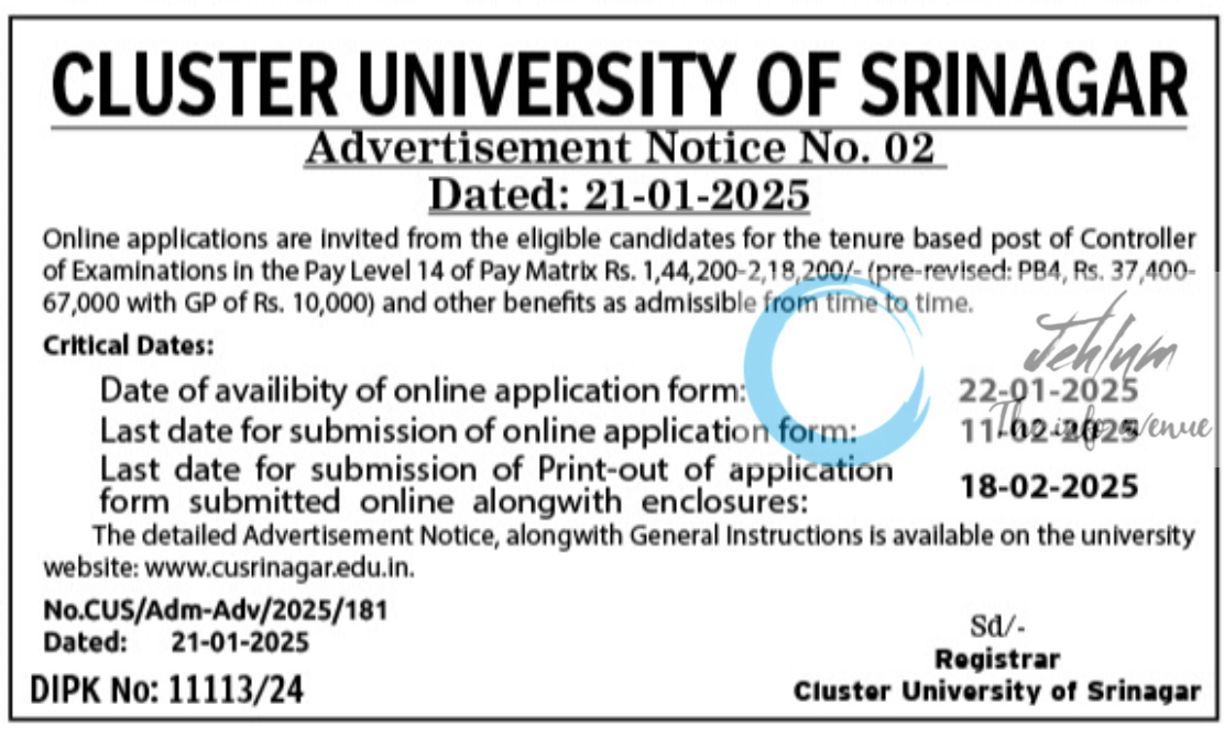 CLUSTER UNIVERSITY OF SRINAGAR ADVERTISEMENT NOTICE NO 02 OF 2025