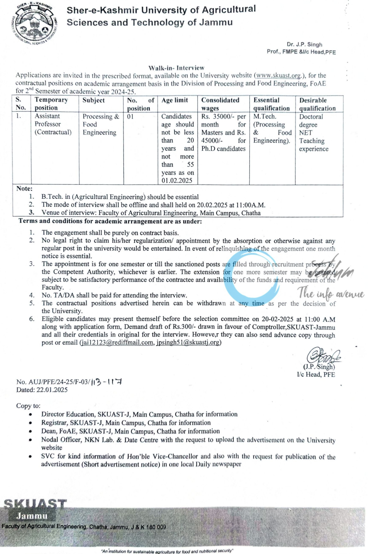 SKUAST Jammu Division of Processing and Food Engineering Walk-in-Interview Advertisement Notification No AUJ/PFE/24-25/F-03/113-117