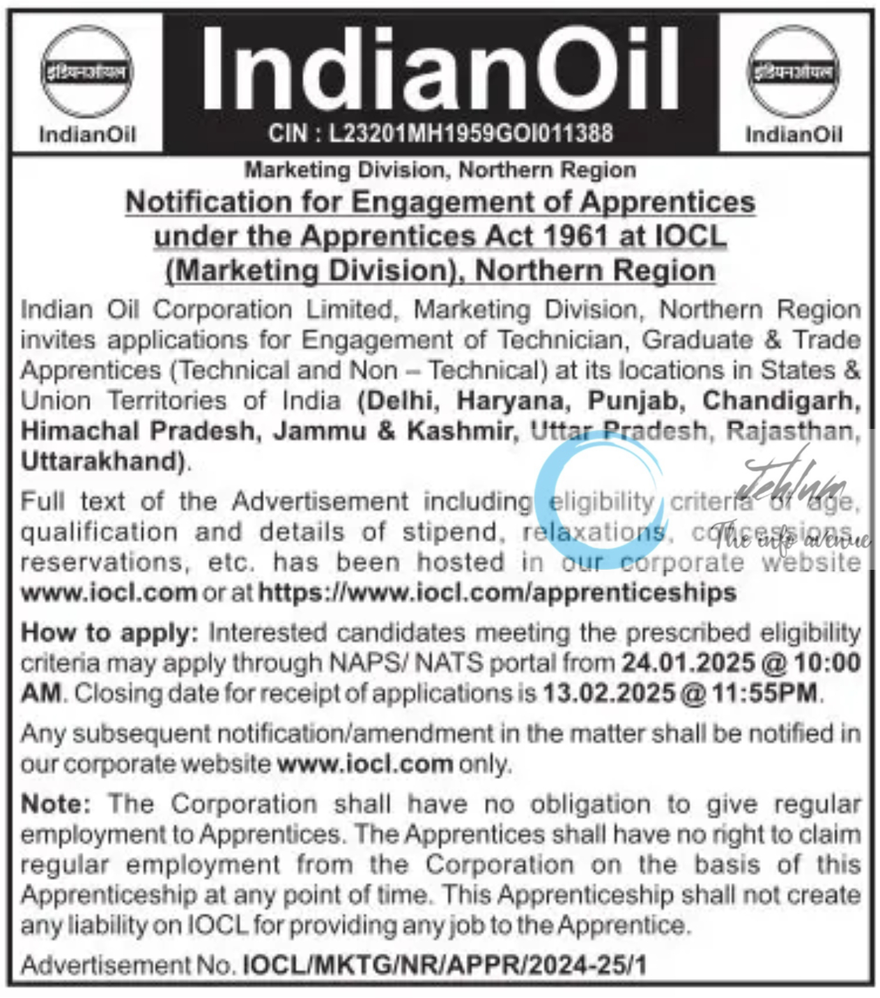 Indian Oil Marketing Division Northern Region Apprenticeship Advertisement No IOCL/MKTG/NR/APPR/2024-25/1