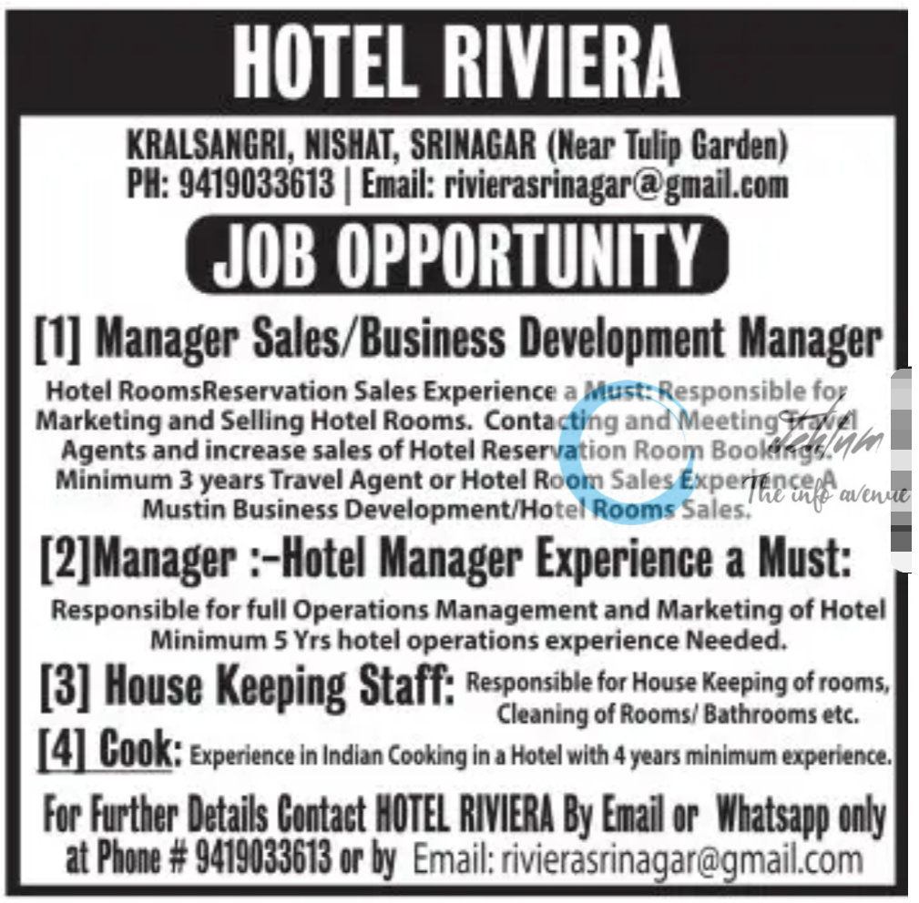 HOTEL RIVIERA SRINAGAR JOBS OPENINGS 2025