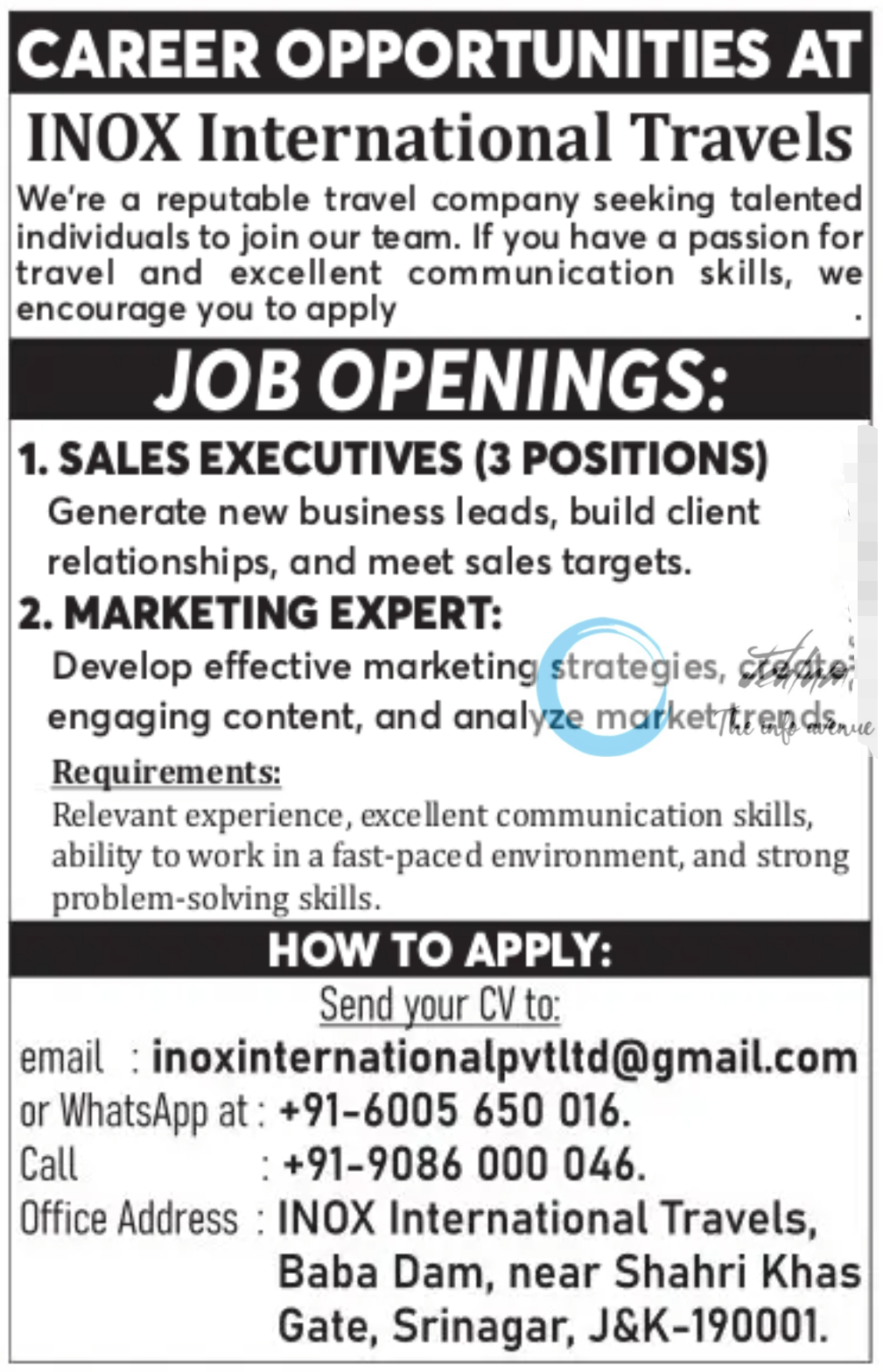 INOX International Travels Srinagar Jobs Openings 2025