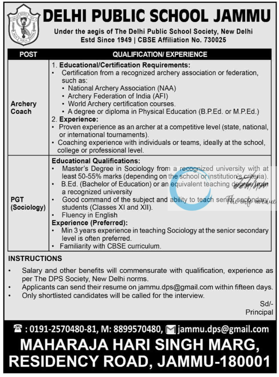 DELHI PUBLIC SCHOOL DPS JAMMU JOBS ADVERTISEMENT 2025