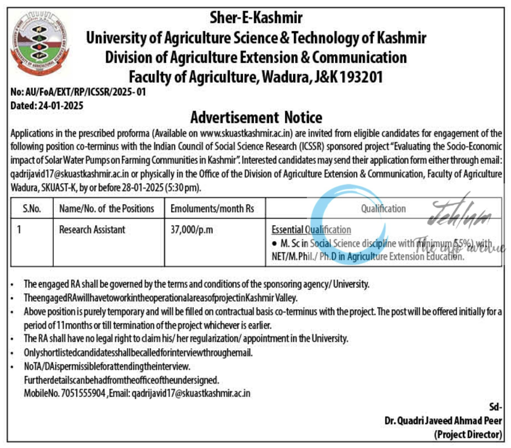 SKUAST Kashmir Faculty of Agriculture Wadura Research Assistant Advertisement Notice No AU/FoA/EXT/RP/ICSSR/2025-01