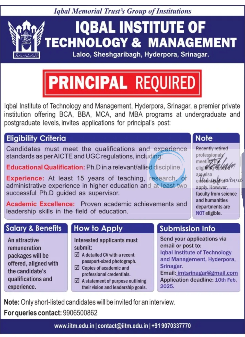 IQBAL INSTITUTE OF TECHNOLOGY AND MANAGEMENT IITM SRINAGAR PRINCIPAL RECRUITMENT ADVERTISEMENT 2025