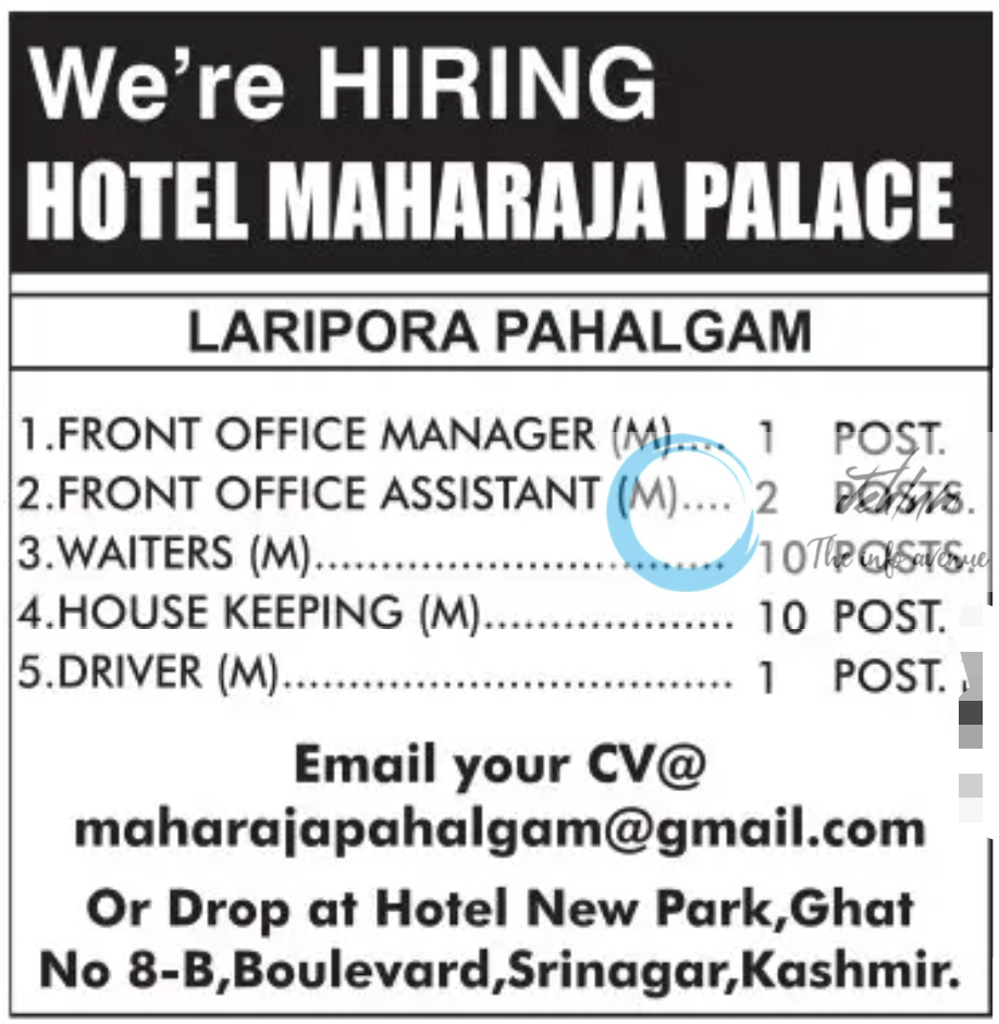 HOTEL MAHARAJA PALACE PAHALGAM JOBS OPENINGS 2025