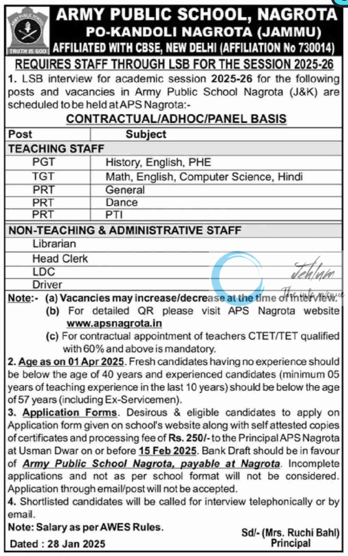 ARMY PUBLIC SCHOOL APS NAGROTA LSB RECRUITMENT ADVERTISEMENT NOTICE 2025