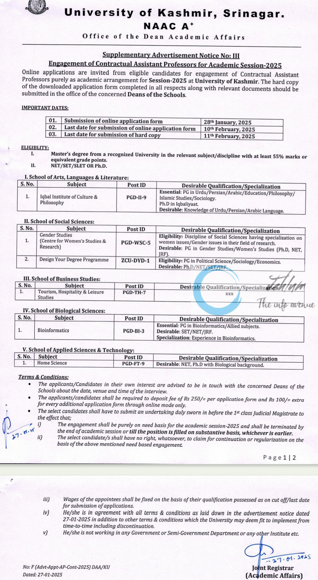 Kashmir University Contractual Assistant Professors Supplementary Advertisement Notice No III Academic Arrangement 2025