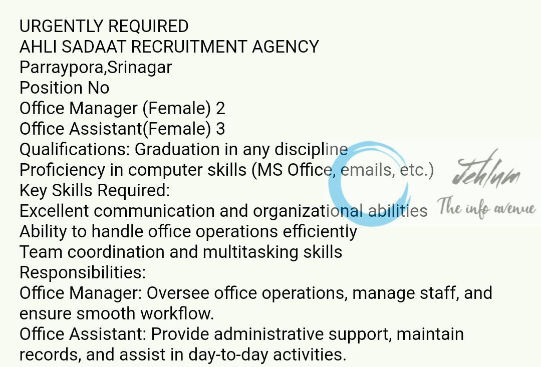 AHLI SADAAT RECRUITMENT AGENCY SRINAGAR JOBS OPENINGS 2025