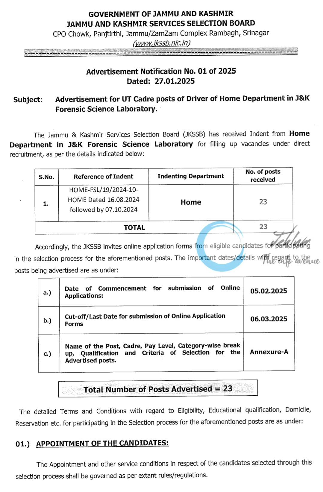 JKSSB Home Department Drivers Recruitment Advertisement Notification No 01 of 2025