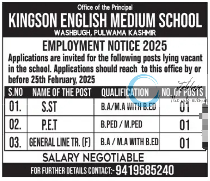 KINGSON ENGLISH MEDIUM SCHOOL PULWAMA EMPLOYMENT NOTICE 2025