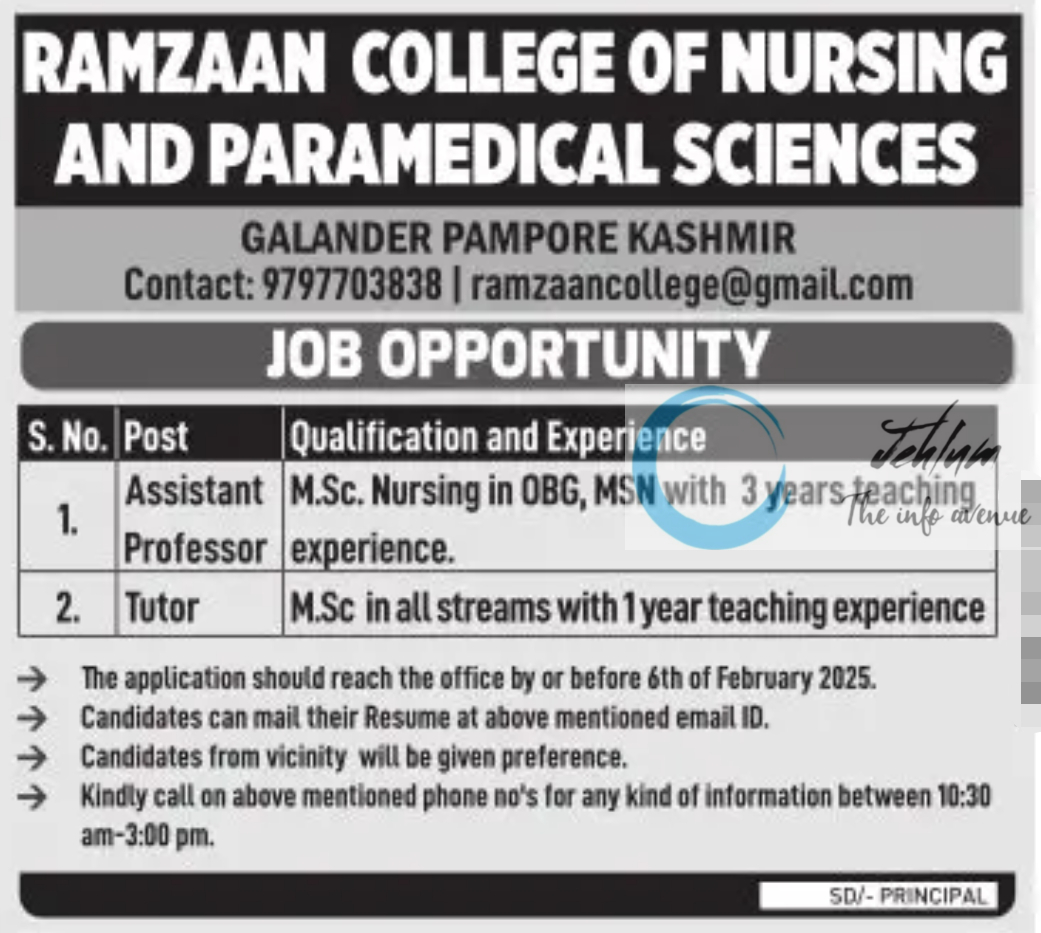 RAMZAAN COLLEGE OF NURSING AND PARAMEDICAL SCIENCES PAMPORE JOBS OPPORTUNITY 2025