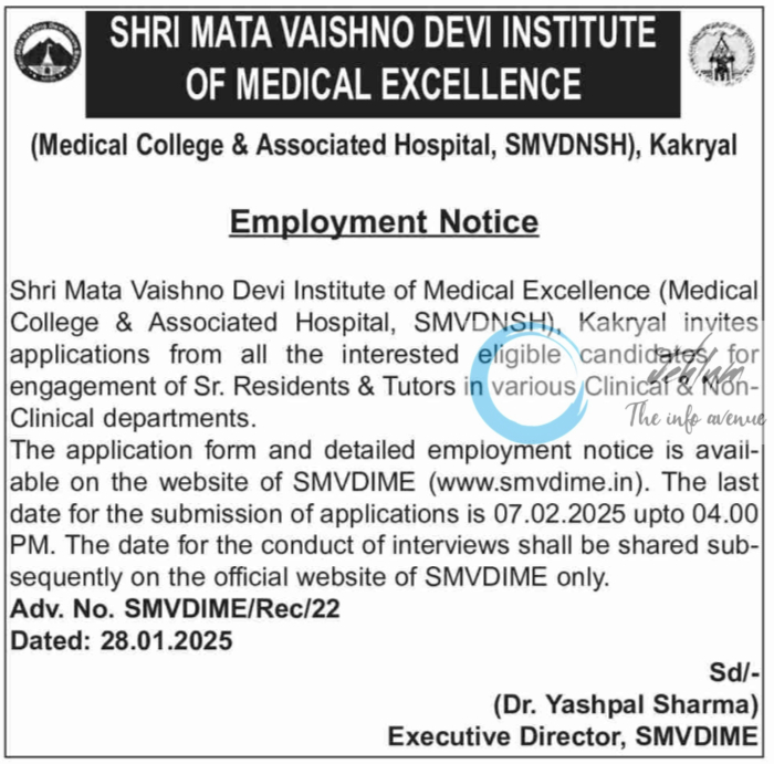 SHRI MATA VAISHNO DEVI INSTITUTE OF MEDICAL EXCELLENCE KAKRYAL EMPLOYMENT ADVT NO SMVDIME/Rec/21-22