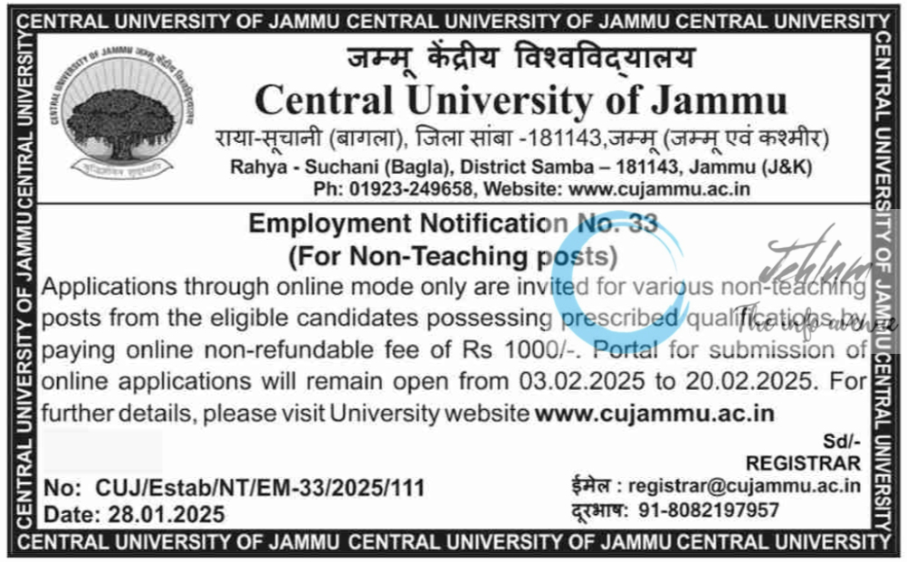 Central University of Jammu Non-Teaching Recruitment Employment Notification No 33 of 2025