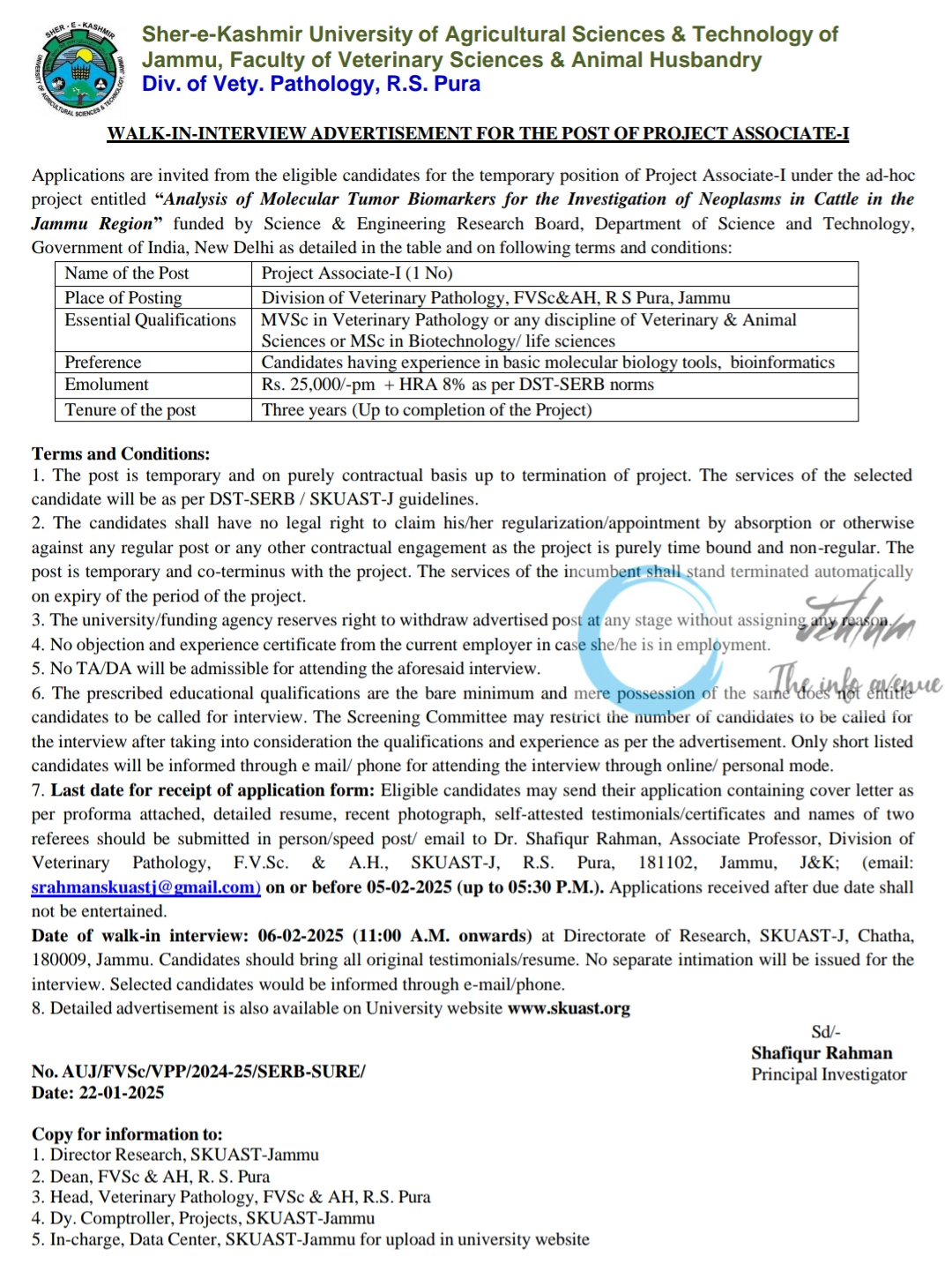 SKUAST Jammu Faculty of Veterinary Sciences Div of Vety Pathology RS Pura Project Associate Walk-in-interview Advertisement 2025