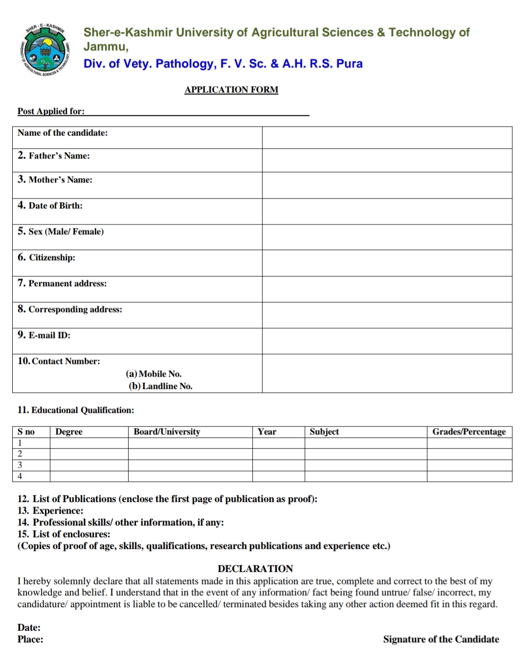 SKUAST Jammu Faculty of Veterinary Sciences Div of Vety Pathology RS Pura Project Associate Walk-in-interview Advertisement 2025