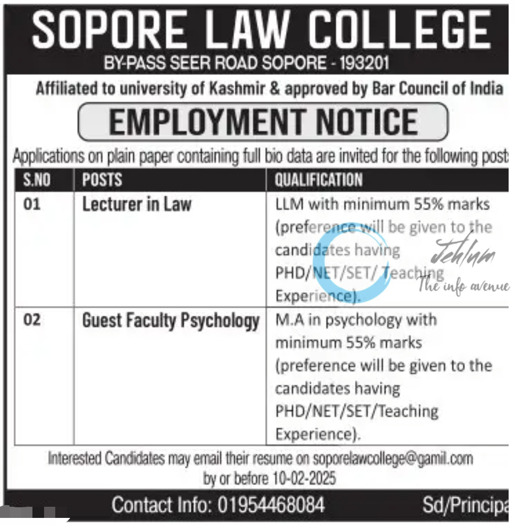 SOPORE LAW COLLEGE EMPLOYMENT NOTICE 2025