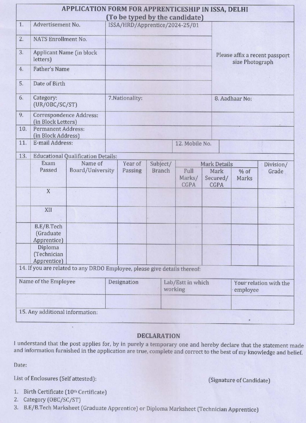 DRDO Institute for Systems Studies and Analyses Apprentices Engagement Advt No ISSA/HRD/Apprentice/2024-25/01