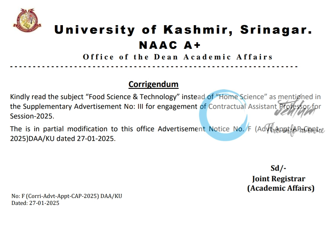 Kashmir University Contractual Assistant Professors Supplementary Advertisement Notice No III Academic Arrangement 2025 - corrigendum