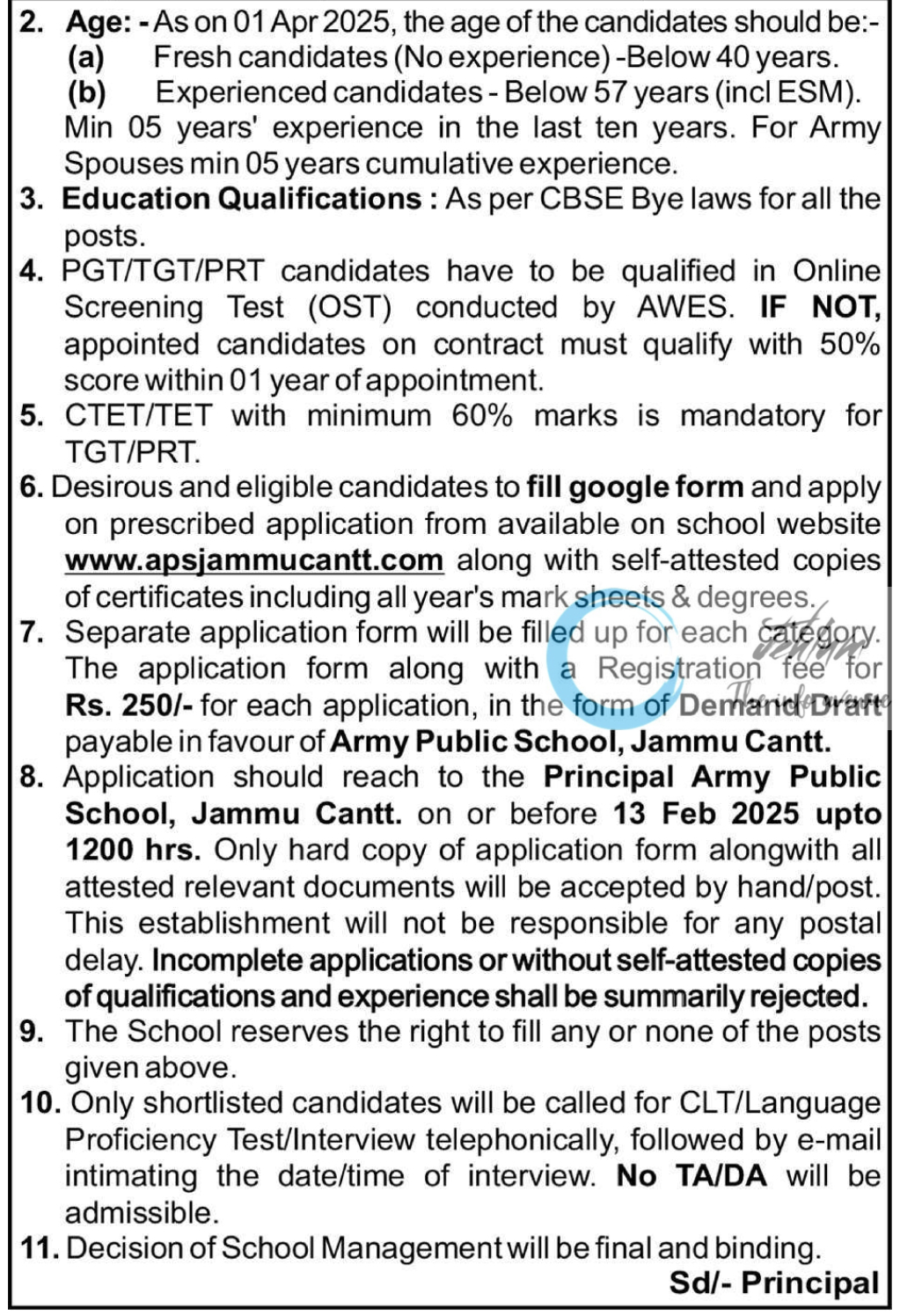 ARMY PUBLIC SCHOOL JAMMU CANTT TEACHING/NON TEACHING RECRUITMENT ADVT 2025