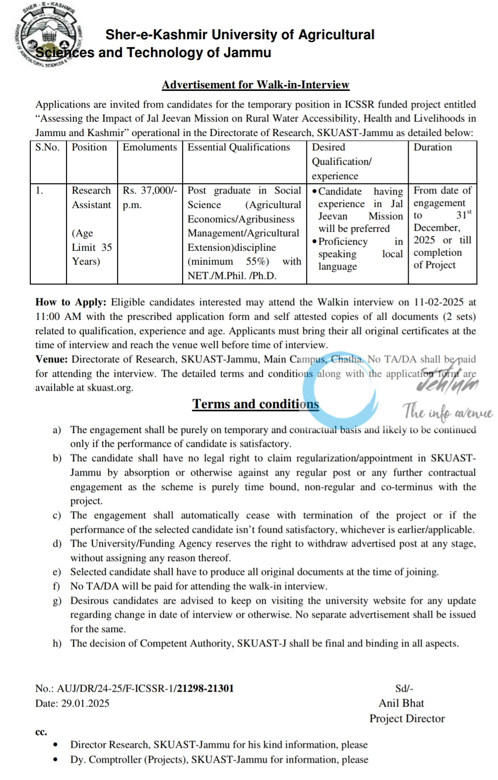 SKUAST Jammu ICSSR Funded Project Walk-in-Interview Advertisement Notice No AUJ/DR/24-25/F-ICSSR-1/21298-21301