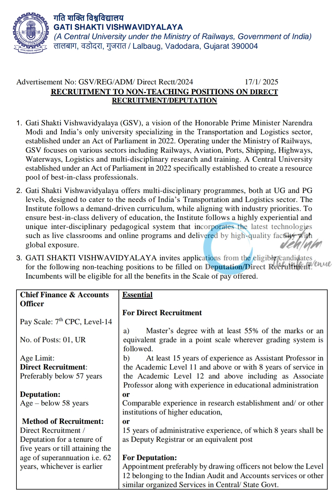 GATI SHAKTI VISHWAVIDYALAYA NON-TEACHING RECRUITMENT ADVERTISEMENT NO GSV/REG/ADM/Direct Rectt/2024