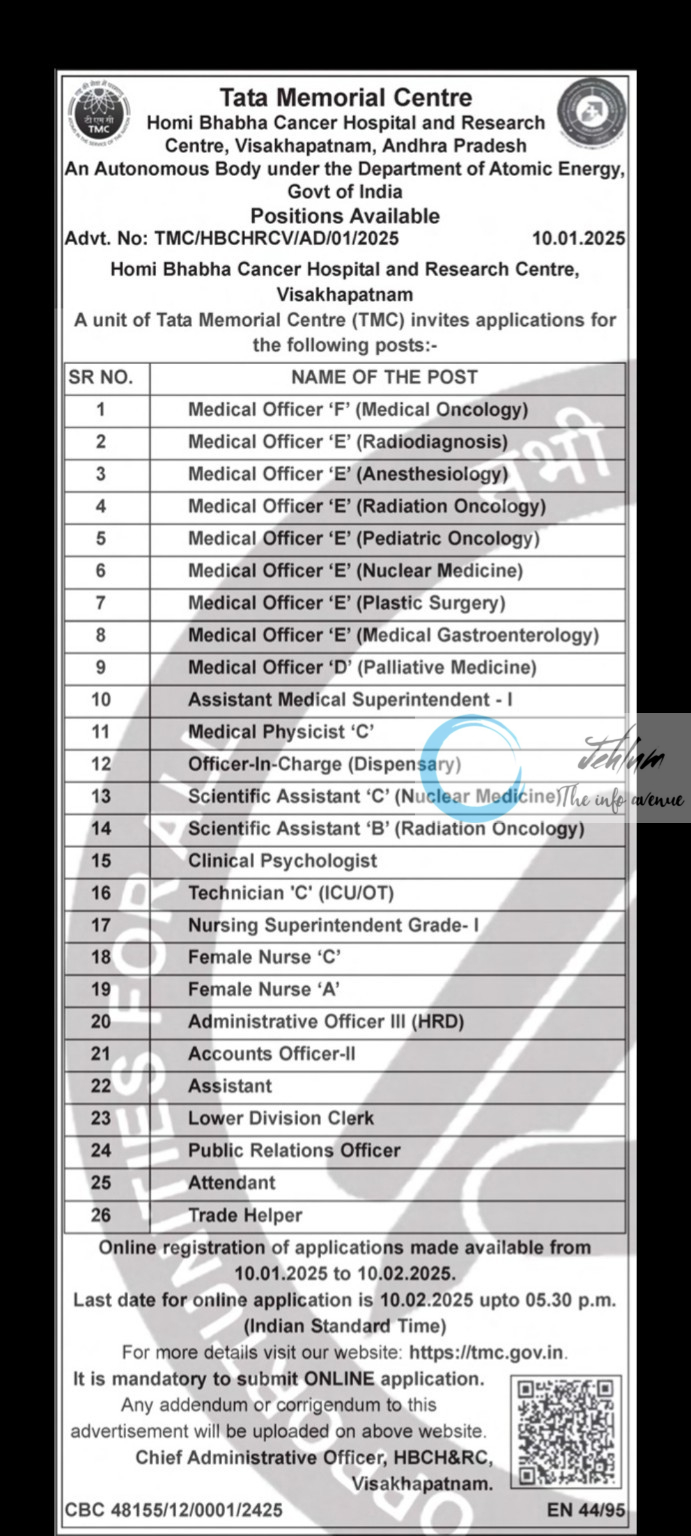 Tata Memorial Centre Homi Bhabha Cancer Hospital and Research Centre Recruitment Advt No TMC/HBCHRCV/AD/01/2025