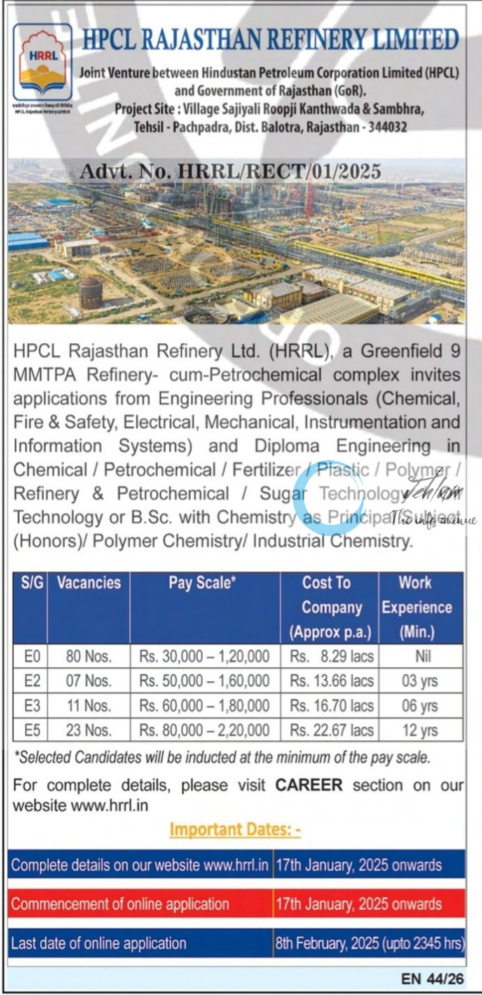 HPCL RAJASTHAN REFINERY LTD ENGINEERING PROFESSIONALS RECRUITMENT ADVT NO HRRL/RECT/01/2025