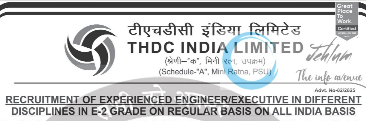 THDC India Limited THDCIL E-2 Grade Engineer/Executive Recruitment Advertisement Notice 2025