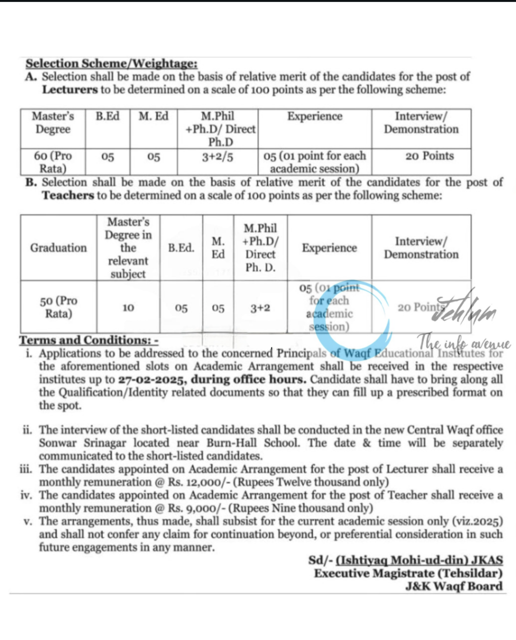 Jammu & Kashmir Waqf Board Srinagar Academic Arrangement Advertisement Notice 2025