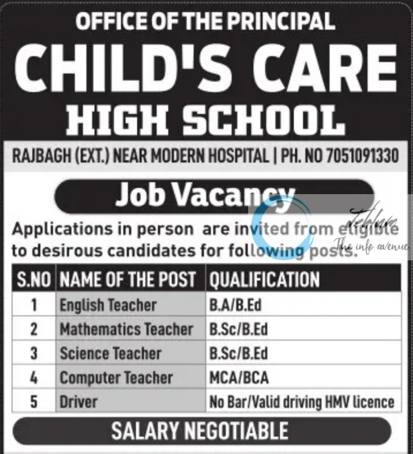 CHILD'S CARE HIGH SCHOOL SRINAGAR JOBS VACANCY 2025