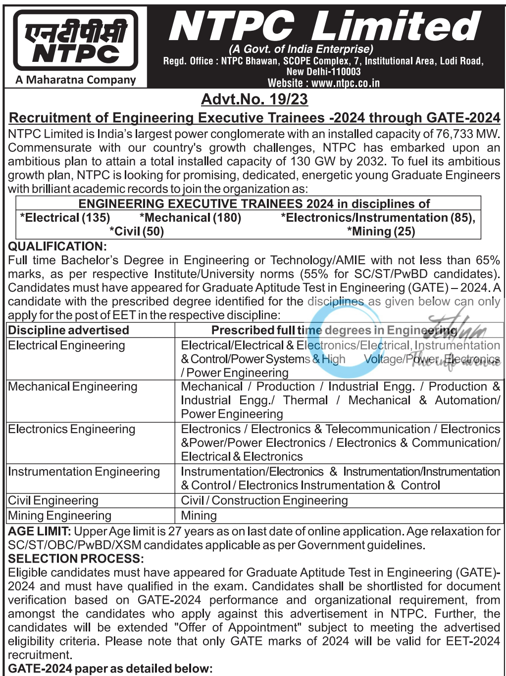 NTPC Limited Engineering Executive Trainees Recruitment Advt No 19/23