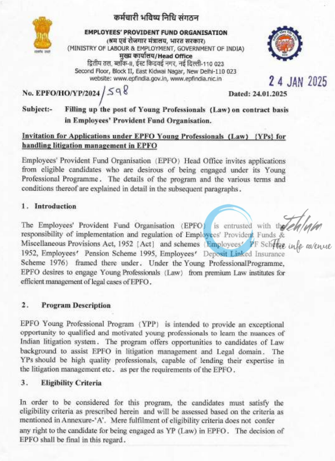 EMPLOYEES PROVIDENT FUND ORGANISATION Young Professionals Law Recruitment Advertisement No EPFO/HO/YP/2024/598