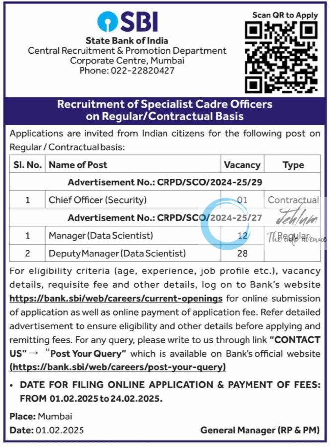 SBI State Bank of India Specialist Cadre Officers Recruitment Advertisement No CRPD/SCO/2024-25/27-29