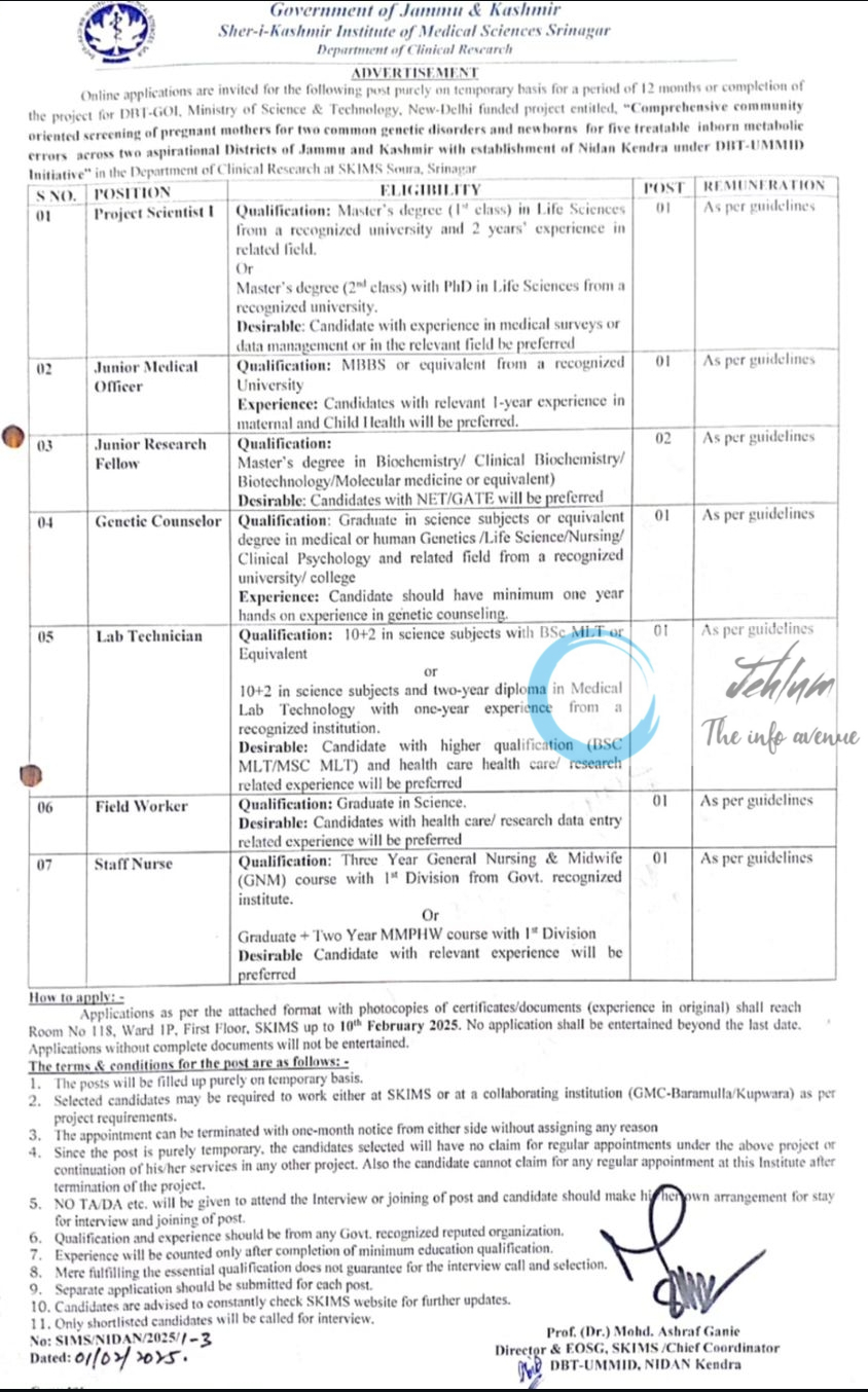 SKIMS Srinagar Deptt of Clinical Research Advertisement No SIMS/NIDAN/2025/1-3