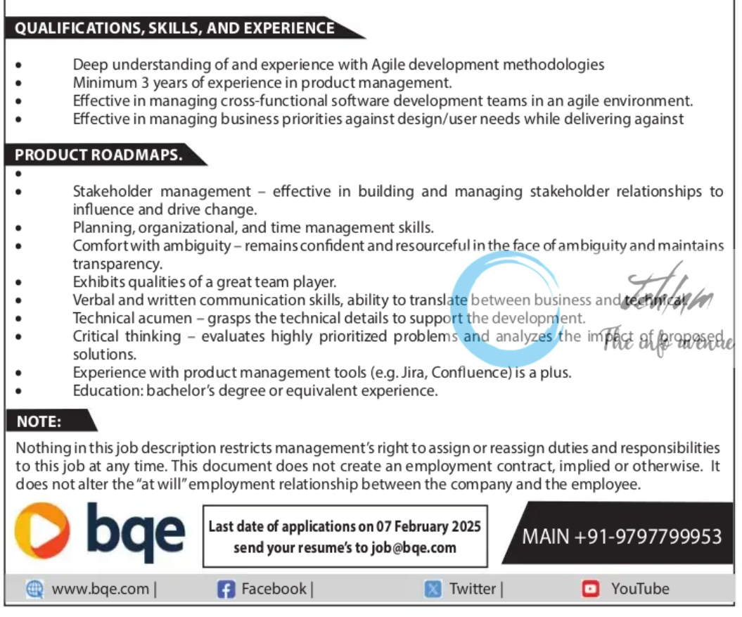 BQE SOFTWARE SRINAGAR PRODUCT OWNER JOB OPENING 2025