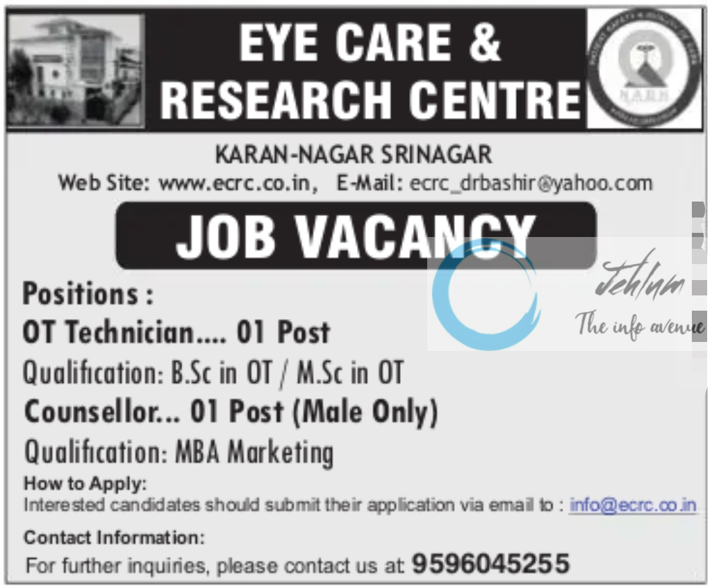 EYE CARE & RESEARCH CENTRE SRINAGAR JOBS VACANCY 2025