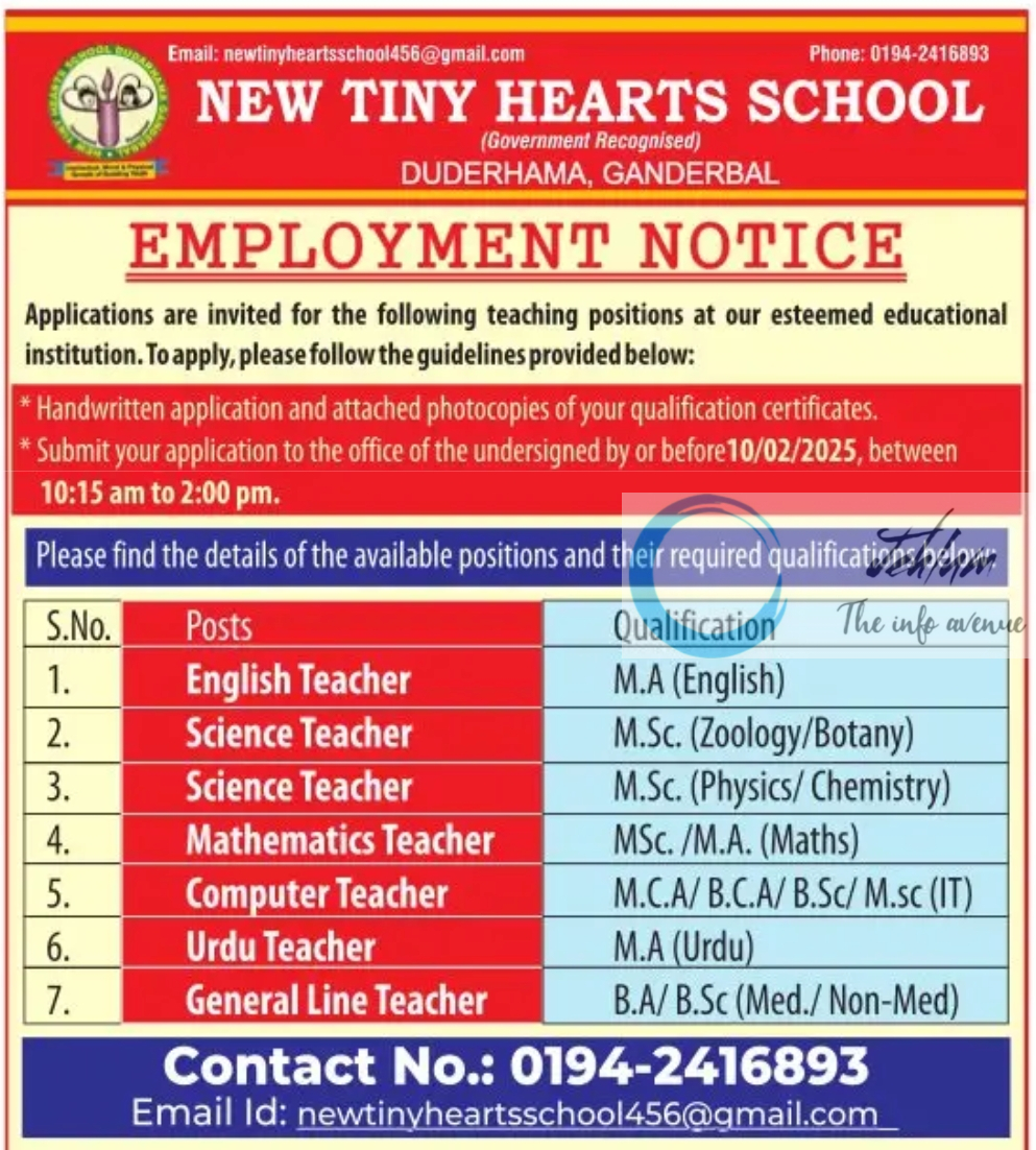 NEW TINY HEARTS SCHOOL GANDERBAL EMPLOYMENT NOTICE 2025