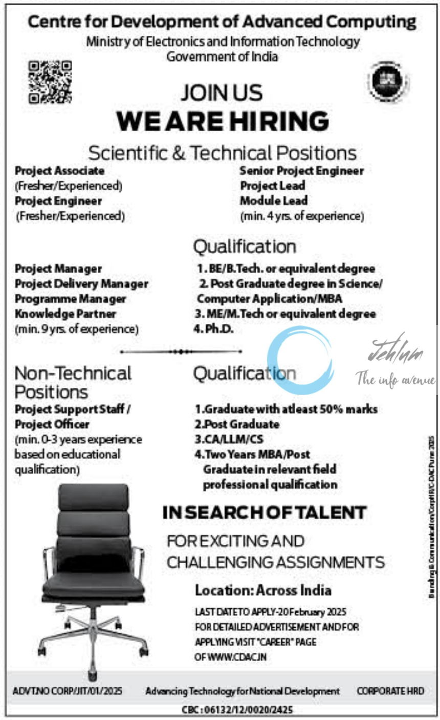 Centre for Development of Advanced Computing CDAC Recruitment Advt No CORP/JIT/01/2025